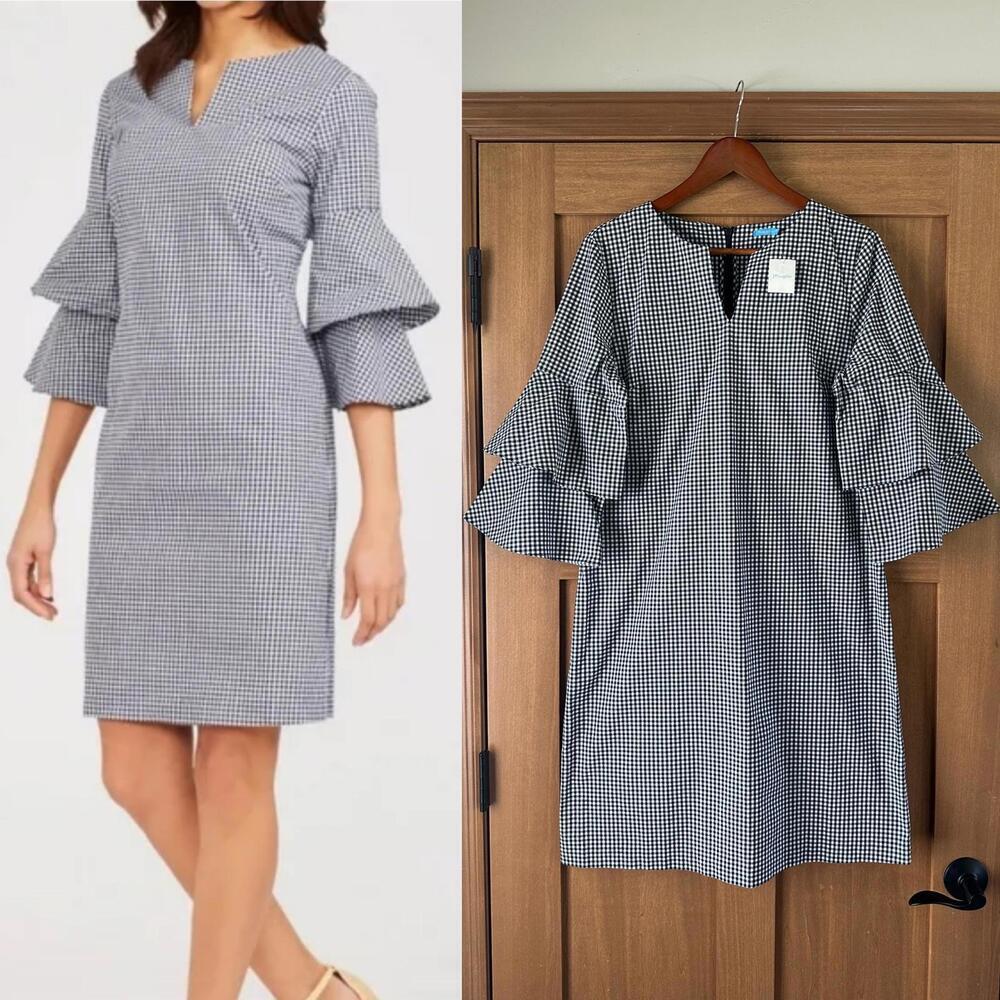 NWT J. McLaughlin Letty 3/4 Bell Sleeve Sheath Dress White/Navy Gingham Sz Large